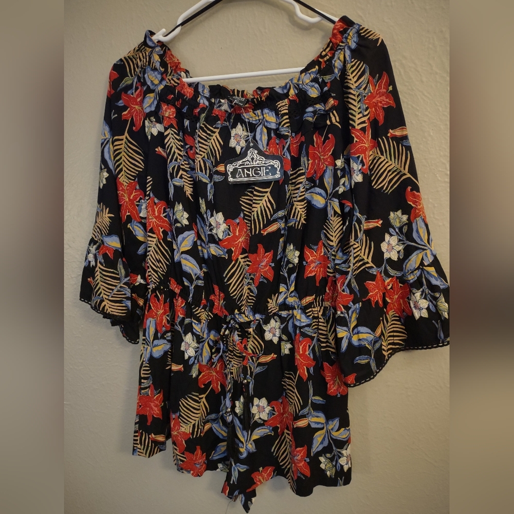 Angie Off-Shoulder Black Tropical Floral Romper – Boho Chic Size Large - Picture 4 of 11